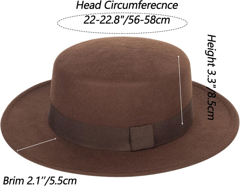 Mawjom Wide-Brim-Felt-Panama-Fedora-Hat with Flat-Top-Pork-Pie Cap for Women Men (Size:M) - Image 3